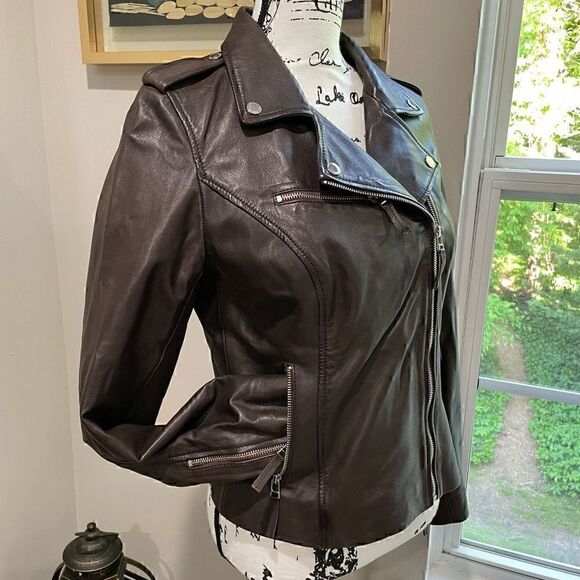 BOD & CHRISTENSEN Leather Mixed Media Moto Brown Jacket M - Picture 2 of 10